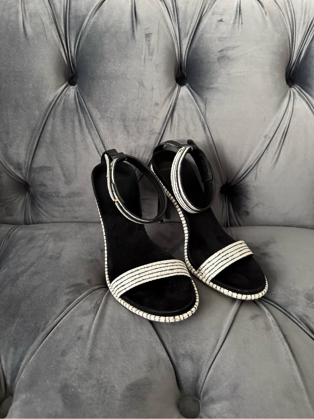 Worn Once! Cole Haan Black Suede Leather Sandals 7B Ankle Strap Stiletto Heels